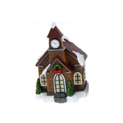 Kersthuisjes/kerstkerkje - bruin - Polystone - 14 cm - met verlichting - kerstdorp