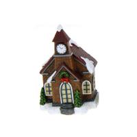 Kersthuisjes/kerstkerkje - bruin - Polystone - 14 cm - met verlichting - kerstdorp