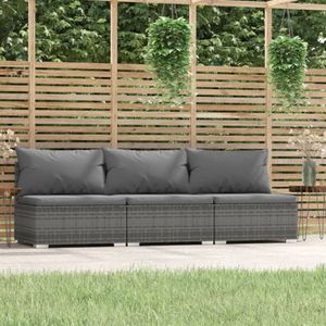 Driezitsbank poly rattan grijs met kussens