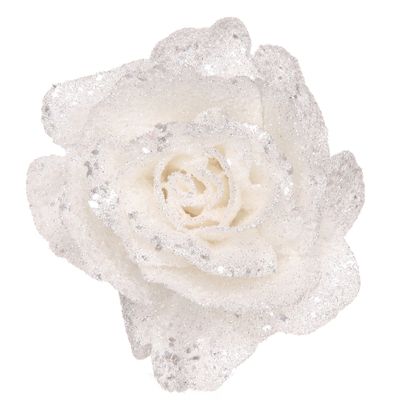 Witte rozen met glitters op clip 10 cm - kerstversiering