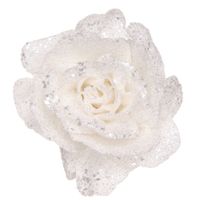 Witte rozen met glitters op clip 10 cm - kerstversiering