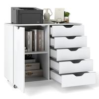 Rollcontainer met 5 Lades & Deur & Werkblad & Wielen Mobiele Archiefkast Wit