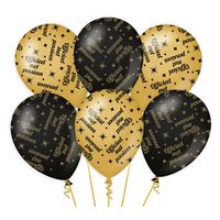 6x stuks luxe pensioen feest/party ballonnen - goud/zwart - latex - ca 30 cm