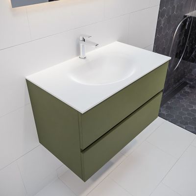 Mondiaz Vica Moon badmeubel groen mat 80 cm 2 lades solid surface enkele spoelbak midden 1 kraangat