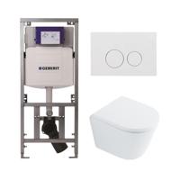 QeramiQ Dely Toiletset - 36.3x51.7cm - diepspoel - rimless - Geberit UP320 Burda inbouwreservoir - softclose toilet zitting 35 mm - glans witte bedieningsplaat - ronde knoppen - wit glans SW1026255 / SW1159505/0701131/SW706186