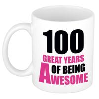 Verjaardag 100 jaar Koffiemok Cadeau - Great years of being awesome - wit/roze - voor dames