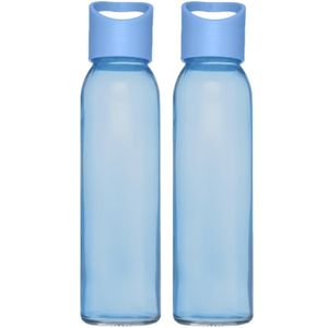 2x stuks glazen waterfles/drinkfles transparant blauw met schroefdop met handvat 500 ml