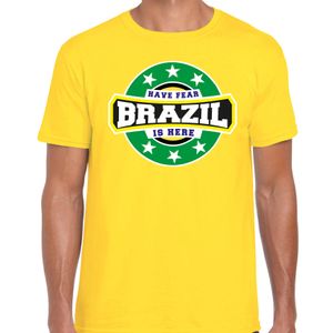 Have fear Brazil is here / Brazilie supporter t-shirt geel voor heren