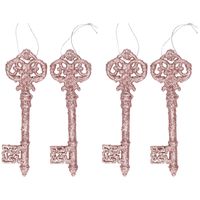 6x Kersthangers oud roze sleutel met glitters 15 cm