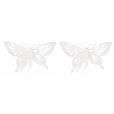 Decoratie vlinder - 2x - op clip - wit - - 15 x 11 cm - glitters - kerstvlinder - kerstversiering