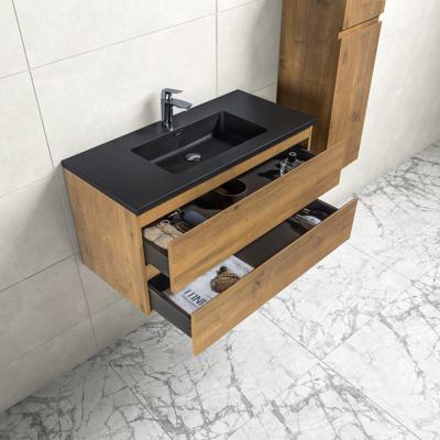 Badkamermeubel Tieme in mat eiken 100x50x48cm met zwarte wastafel