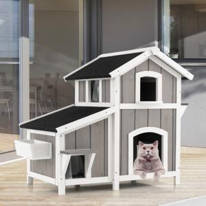2 Verdiepingen Tellend Houten Kattenhuis voor Buiten met Deuren PVC-Gordijnen Weerbestendig Asfalt Dak Decoratieve Plantenbak