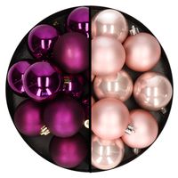 Kerstballen 24x stuks - mix lichtroze en paars - 6 cm - kunststof - Kerstbal