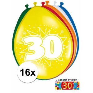 Versiering 30 jaar ballonnen 30 cm 16x + sticker