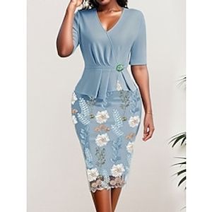 Dames Feestjurk Cocktail jurk Bodycon Halflange jurk Licht Blauw Korte mouw Bloemig Kant Lente Herfst Winter V-hals Modieus Verjaardag Bruiloft gast Vakantie 2023 S M L XL XXL miniinthebox