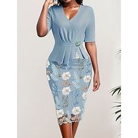 Dames Feestjurk Cocktail jurk Bodycon Halflange jurk Licht Blauw Korte mouw Bloemig Kant Lente Herfst Winter V-hals Modieus Verjaardag Bruiloft gast Vakantie 2023 S M L XL XXL miniinthebox