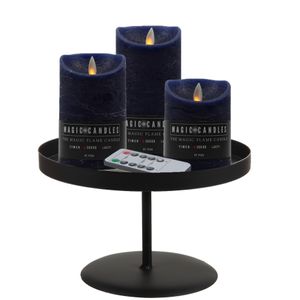 LED kaarsen/stompkaarsen - 3x st - donkerblauw - met zwart rond kaarsenbord 22 cm