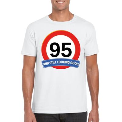95 jaar and still looking good - t-shirt verkeersbord print - wit - heren - verjaardag