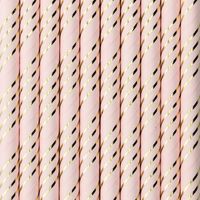 Drinkrietjes - papier - 10x - roze/goud strepen - 19,5 cm - rietjes   - - thumbnail