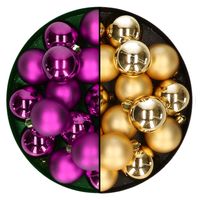 Kleine kerstballen 32x stuks - mix goud en paars - 4 cm - kunststof - thumbnail