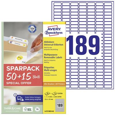 Avery-Zweckform L4731REV-65 Universele etiketten 25.4 x 10 mm Papier Wit 65 vellen Weer verwijderbaar Inkjet, Laser (zwart/wit), Laser (kleur), Kopiëren