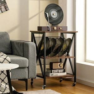 Platenspeler Standaard Met Vergrendelbare Wielen 3-Laags Platenspeler Standaard Rustiek Vinyl Platenrek met 3 Verdelingen Bruin