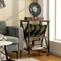 Platenspeler Standaard Met Vergrendelbare Wielen 3-Laags Platenspeler Standaard Rustiek Vinyl Platenrek met 3 Verdelingen Bruin
