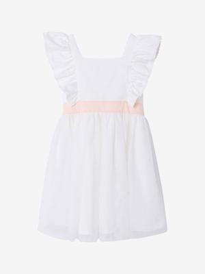 Feestelijke meisjesjurk met ruches van katoengaas en tule wit