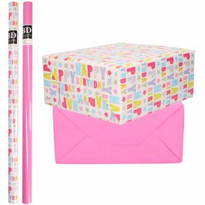 4x Rollen kraft inpakpapier happy birthday pakket - roze 200 x 70 cm - Cadeaupapier