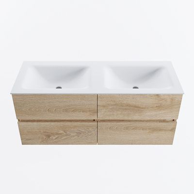 MONDIAZ VICA 120cm badmeubel onderkast Washed Oak 4 lades. Wastafel CLOUD dubbel zonder kraangat, kleur Talc.