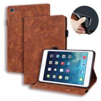 Voor iPad 4 & 3 & 2 kalf patroon dubbele vouwen ontwerp reliëf lederen draagtas met houder & kaartsleuven & pen slot & elastische band (bruin)