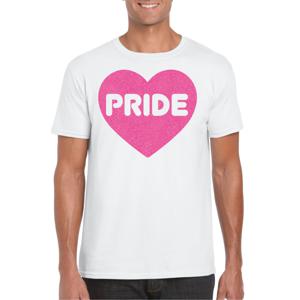 Bellatio Decorations Gay Pride T-shirt voor heren - pride - roze glitter hartje - wit - LHBTI 2XL  -