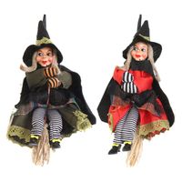 Halloween decoratie heksen pop op bezem - 2x - 20 cm - groen/rood - thumbnail