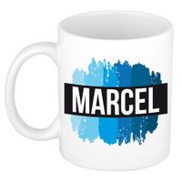Naam cadeau mok / beker Marcel met blauwe verfstrepen 300 ml   -
