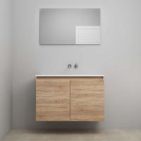 On-Line Badkamermeubelset - 100 cm - Bouwpakket - Greeploos 2 Deuren - Acryl Wastafel - zonder Kraangat - Spiegel - Eiken