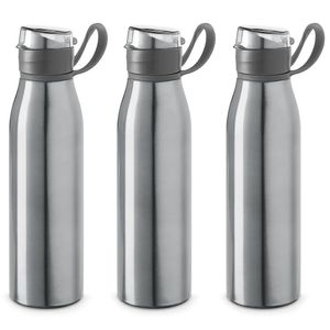 3x Stuks aluminium waterfles/drinkfles zilver met klepdop en handvat 650 ml