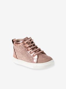 Hoge leren sneakers met veters en rits roze, bedrukt