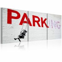 Schilderij - Banksy - Meisje op een schommel, Wit/Rood, 3luik , wanddecoratie , premium print op canvas