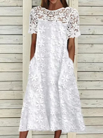 Women's Short Sleeve Summer White Floral Lace Crew Neck Daily Going Out Linen Midi A-Line TUNIC Dress