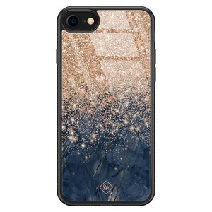 iPhone SE 2020 glazen hardcase - Marmer blauw rosegoud
