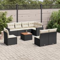9-delige Loungeset met kussens poly rattan zwart