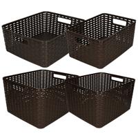 Opbergboxen / opbergmandjes set - 4x stuks - rotan kunststof - bruin - met inhoud 10/12/18/28 liter