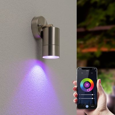 HOFTRONIC SMART Lago kantelbare wandlamp - Smart - IP44 - Incl. RGBWW GU10 spotje - WiFi & Bluetooth - Spotlight voor binnen en buiten - Geschikt als wandspot en plafondspot - RVS