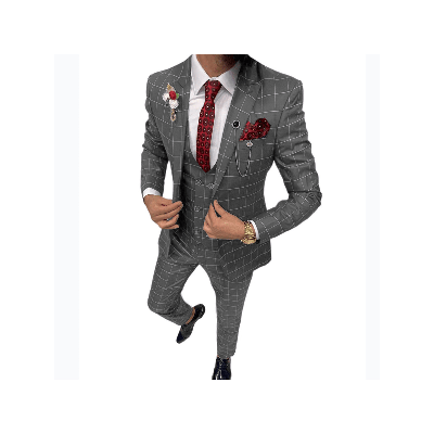 Bon&Bon Men's 3-Piece Plaid Suit - Grey Slim Fit Wedding & Business Suit Grey / S