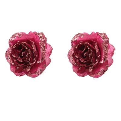 Kerstboomversiering Bloem - 2x - 15 cm - roze - op clip - ornament Kerstboomversiering Bloem - 2x - 15 cm - roze - op clip - ornament