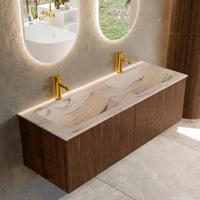 Badmeubel Mondiaz Kurve-Dlux | 130 cm | Meubelkleur Walnut | Wastafelkleur Nata | Solid surface | Wasbak beide zijden spoelbak | 2 kraangaten