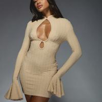 Bon&Bon Hot Pink Knitted Bodycon Mini Dress with Flare Sleeves Khaki-2 / S