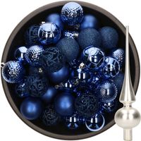 37x stuks kunststof kerstballen 6 cm kobalt blauw incl. glazen piek mat zilver - Kerstbal