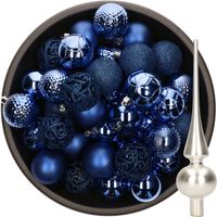 37x stuks kunststof kerstballen 6 cm kobalt blauw incl. glazen piek mat zilver - Kerstbal - thumbnail