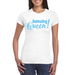 Vrijgezellenfeest t-shirt dames - Dancing Queen - wit - blauwe glitter - foute party